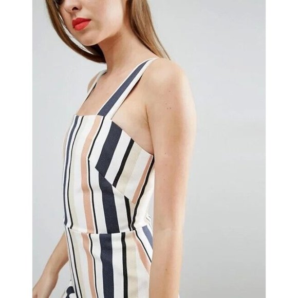 ASOS Navy, Brown, Beige & White Stripe Pinny Jumpsuit In Stripe‎ Size 4 - Picture 5 of 12